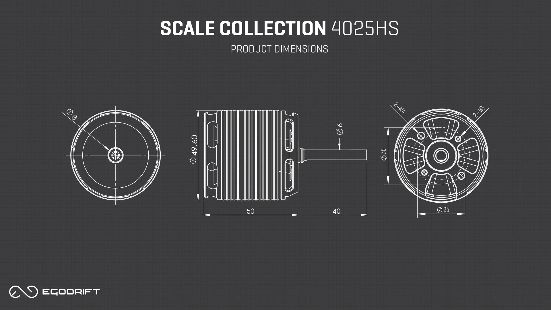 Technical drawing of the Scale Collection 4025HS models with dimensions on a dark background, featuring the EGODRIFT logo.
